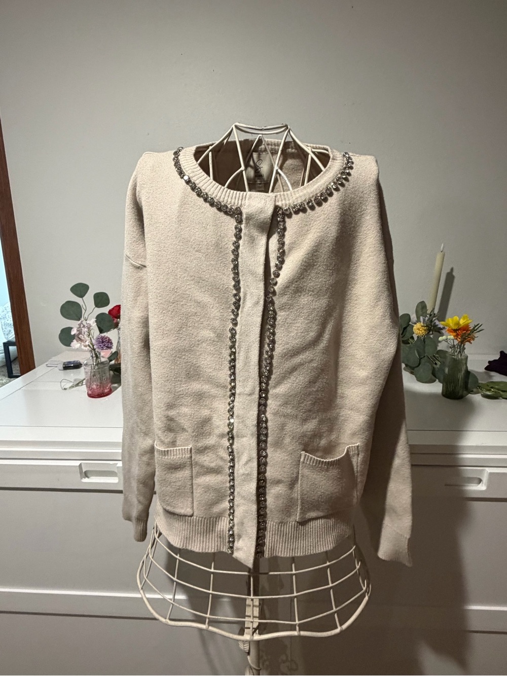 Sioni Cream Knit Cardigan with Beaded Trim